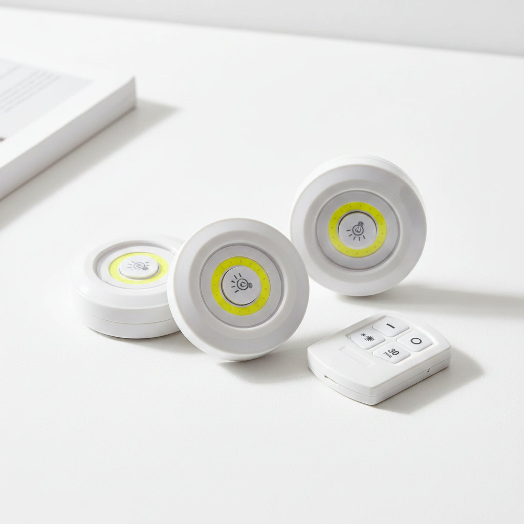 3-PCS LED Puck Lights with Remote Control | Wireless Battery Operated Cabinet & Closet Lights