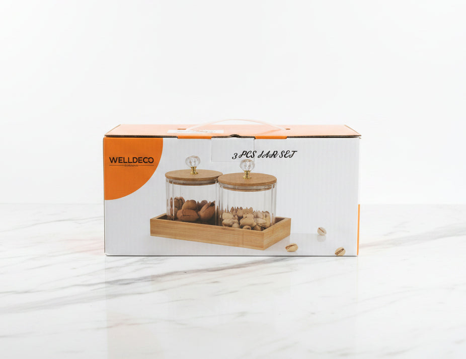 2-Piece Glass Storage Jar Set with Wooden Tray & Airtight Wooden Lids | Kitchen Counter Organizer