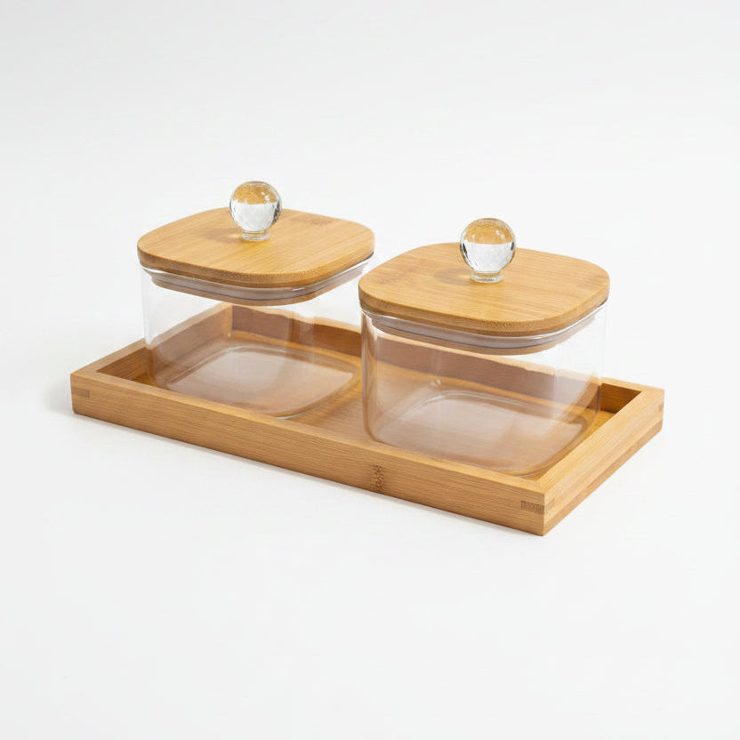 2-Piece Glass Storage Jar Set with Wooden Tray & Airtight Wooden Lids | Kitchen Counter Organizer