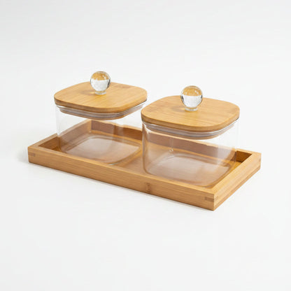 2-Piece Glass Storage Jar Set with Wooden Tray & Airtight Wooden Lids | Kitchen Counter Organizer