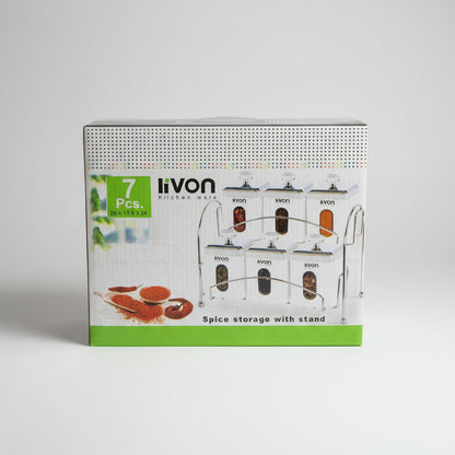 Livon 6-Piece Kitchen Storage Jar Set with Metal Stand & Spoons – Multipurpose Spice and Condiment Organizer