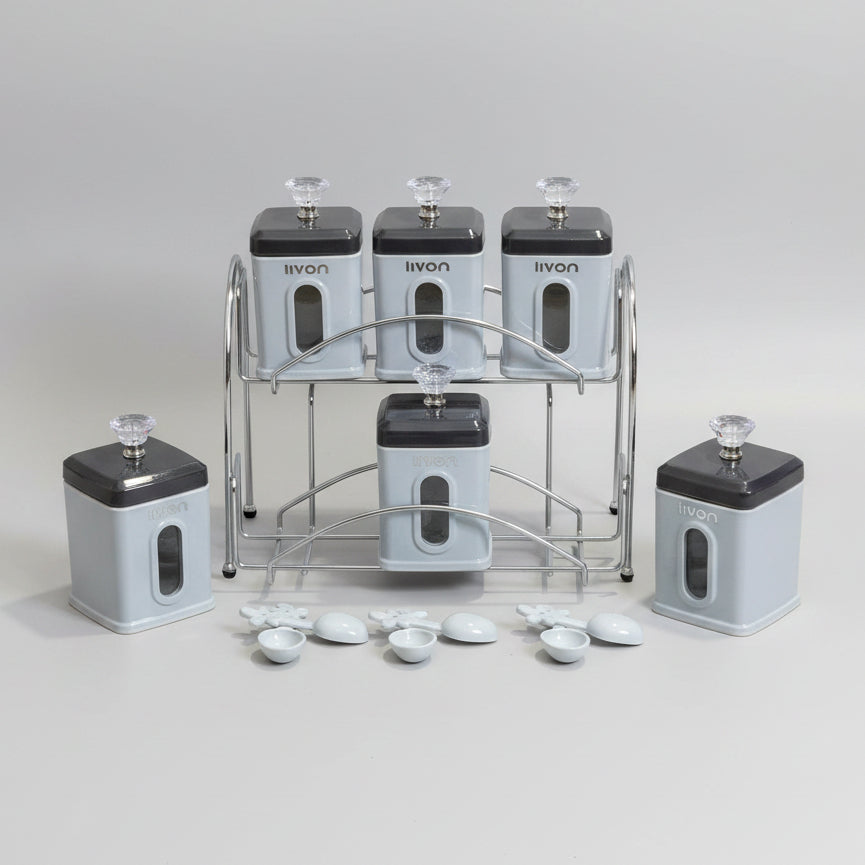 Livon 6-Piece Kitchen Storage Jar Set with Metal Stand & Spoons – Multipurpose Spice and Condiment Organizer