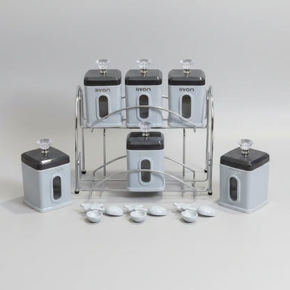Livon 6-Piece Kitchen Storage Jar Set with Metal Stand & Spoons – Multipurpose Spice and Condiment Organizer