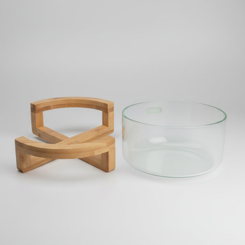 Premium Glass Serving Bowl with Wooden Stand For Fruit & Salad