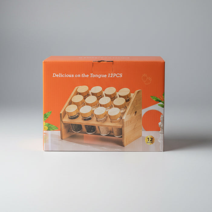 12 PCS Glass Spice Jar Set with Bamboo Lids & Wooden Rack