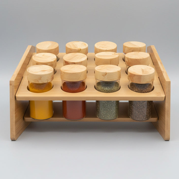 12 PCS Glass Spice Jar Set with Bamboo Lids & Wooden Rack