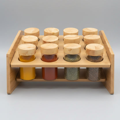 12 PCS Glass Spice Jar Set with Bamboo Lids & Wooden Rack
