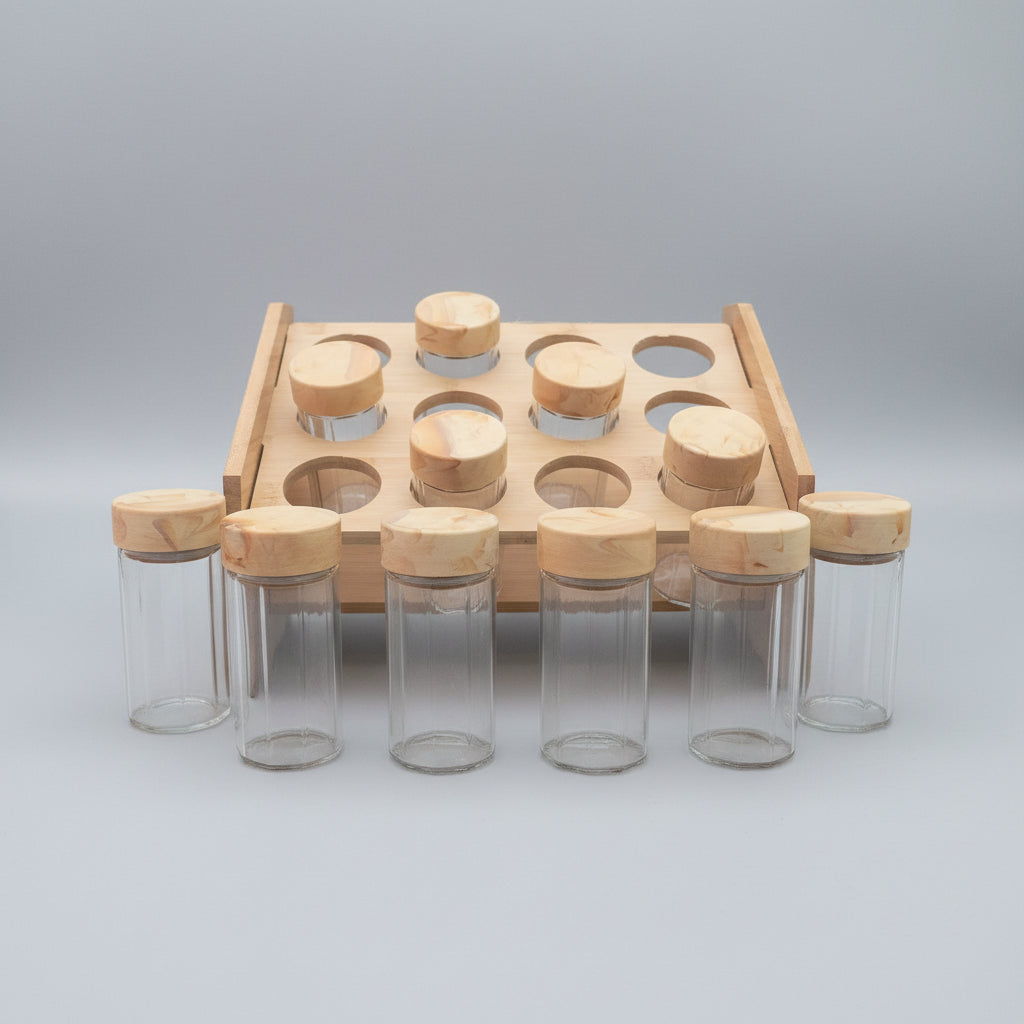12 PCS Glass Spice Jar Set with Bamboo Lids & Wooden Rack