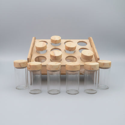 12 PCS Glass Spice Jar Set with Bamboo Lids & Wooden Rack