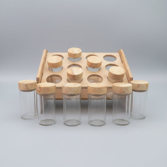 12 PCS Glass Spice Jar Set with Bamboo Lids & Wooden Rack
