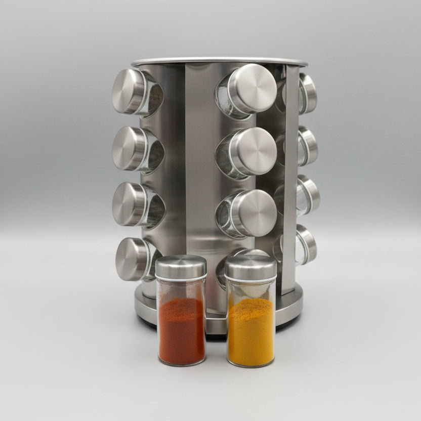 16PCS Jars Rotating Spice Carousel Rack | Glass Spice Organizer Stand