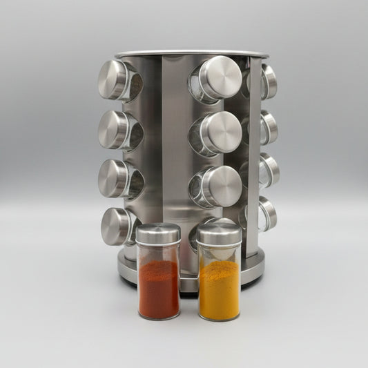 16PCS Jars Rotating Spice Carousel Rack | Glass Spice Organizer Stand