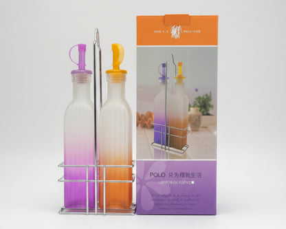 Elegant Glass Oil Dispenser Bottles with Stainless Steel Holder