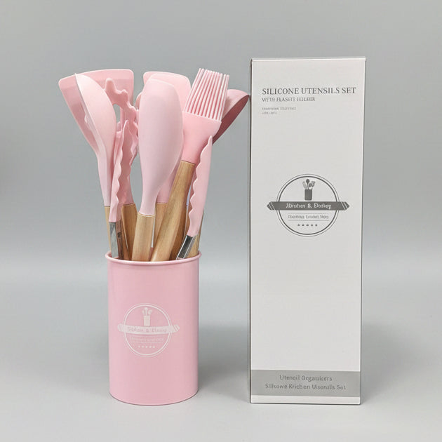 12-Piece Premium Pink Silicone Kitchen Utensil Set with Holder