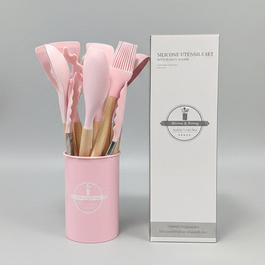 12-Piece Premium Pink Silicone Kitchen Utensil Set with Holder