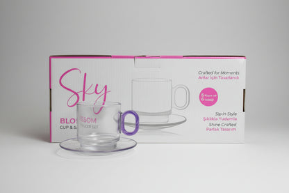 Sky Blossom Glass Cup & Saucer Set – 12 Pieces (6 Cups + 6 Saucers)
