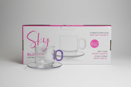 Sky Blossom Glass Cup & Saucer Set – 12 Pieces (6 Cups + 6 Saucers)