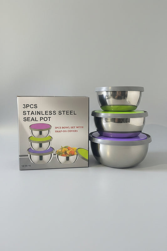 3-Piece Stainless Steel Food Storage Bowl Set with Airtight Lids