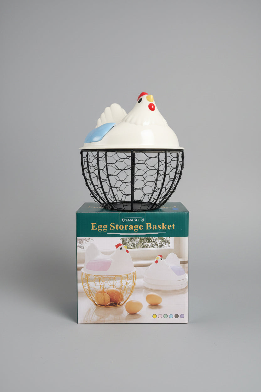 Chicken Shape Egg Storage Basket with Plastic Lid | Metal Wire Egg Holder | Kitchen Counter Egg Organizer
