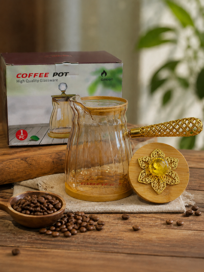 Luxury Borosilicate Glass Coffee Pot with Wooden Base & Crystal Lid