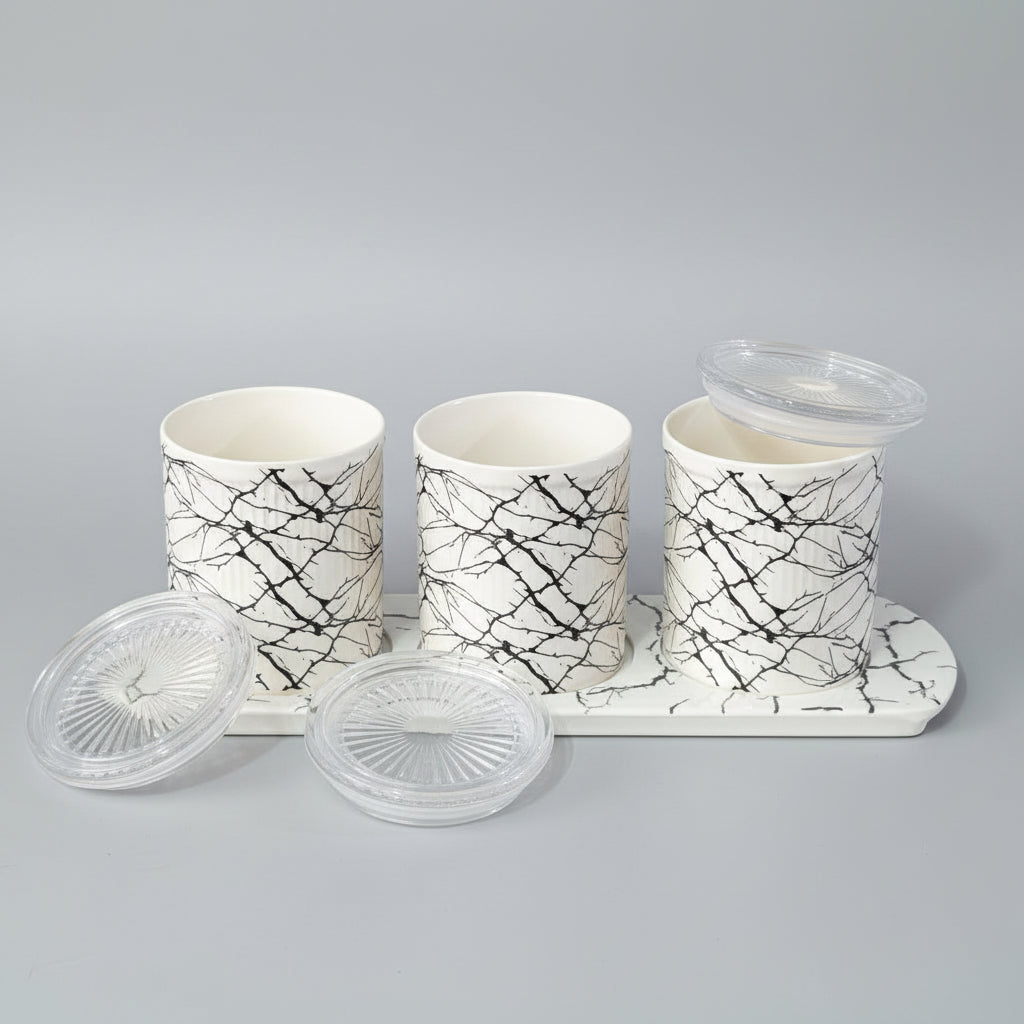 3-Piece Kitchen Canister Set with Matching Tray - Modern Marble Branch Pattern