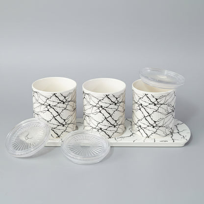 3-Piece Kitchen Canister Set with Matching Tray - Modern Marble Branch Pattern