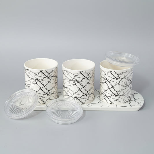 3-Piece Kitchen Canister Set with Matching Tray - Modern Marble Branch Pattern