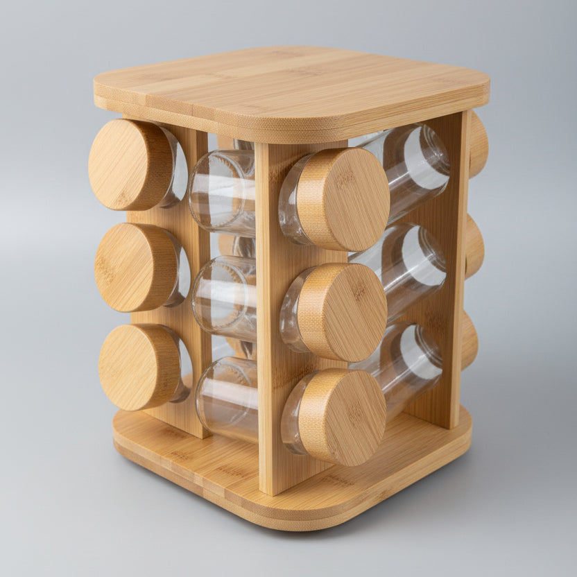 12-Jar Rotating Bamboo Spice Carousel & Glass Jar Organizer