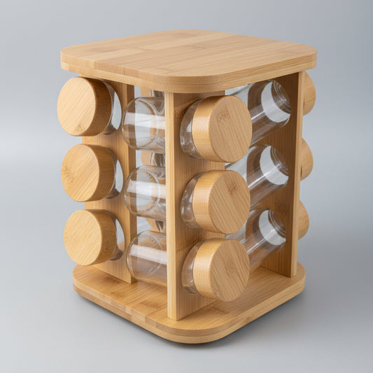 12-Jar Rotating Bamboo Spice Carousel & Glass Jar Organizer