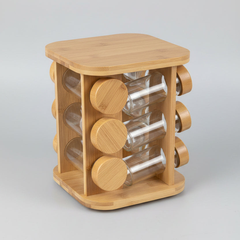 12-Jar Rotating Bamboo Spice Carousel & Glass Jar Organizer