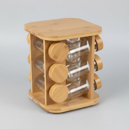 12-Jar Rotating Bamboo Spice Carousel & Glass Jar Organizer