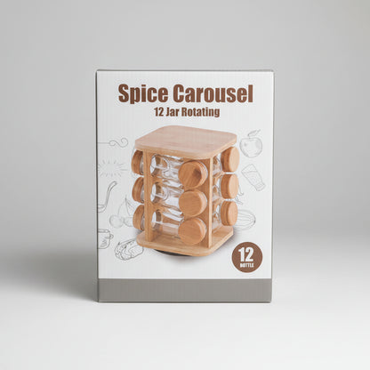 12-Jar Rotating Bamboo Spice Carousel & Glass Jar Organizer