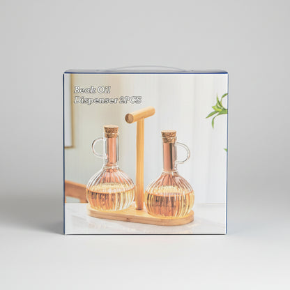Glass Beak Oil Dispenser Set with Bamboo Stand – 2 Pcs