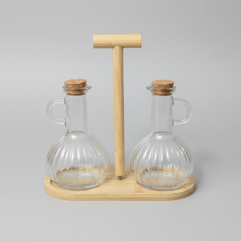 Glass Beak Oil Dispenser Set with Bamboo Stand – 2 Pcs