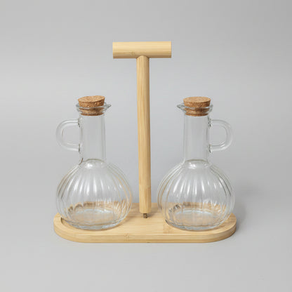 Glass Beak Oil Dispenser Set with Bamboo Stand – 2 Pcs