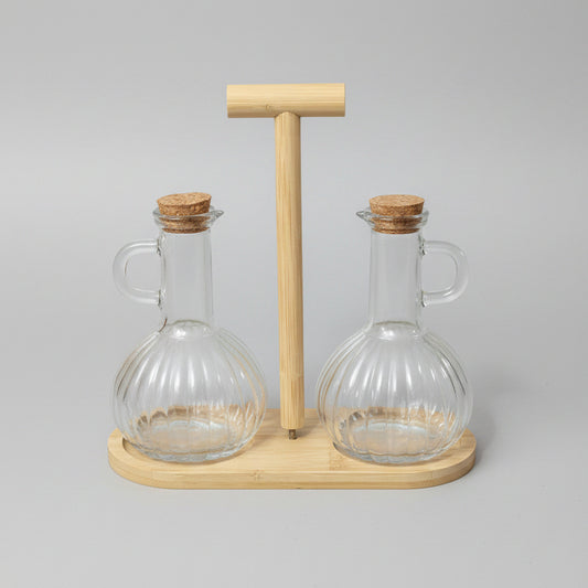 Glass Beak Oil Dispenser Set with Bamboo Stand – 2 Pcs