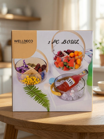 Premium Glass Serving Bowl with Wooden Handle | Fruit & Salad Bowl