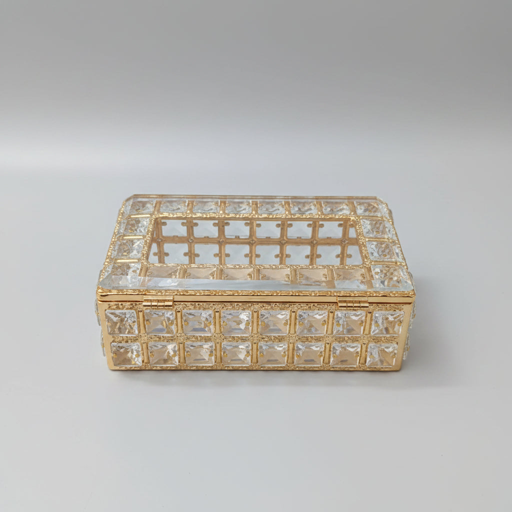 Luxurious Crystal Beaded Gold Metal Tissue Box Cover & Rectangular Organizer