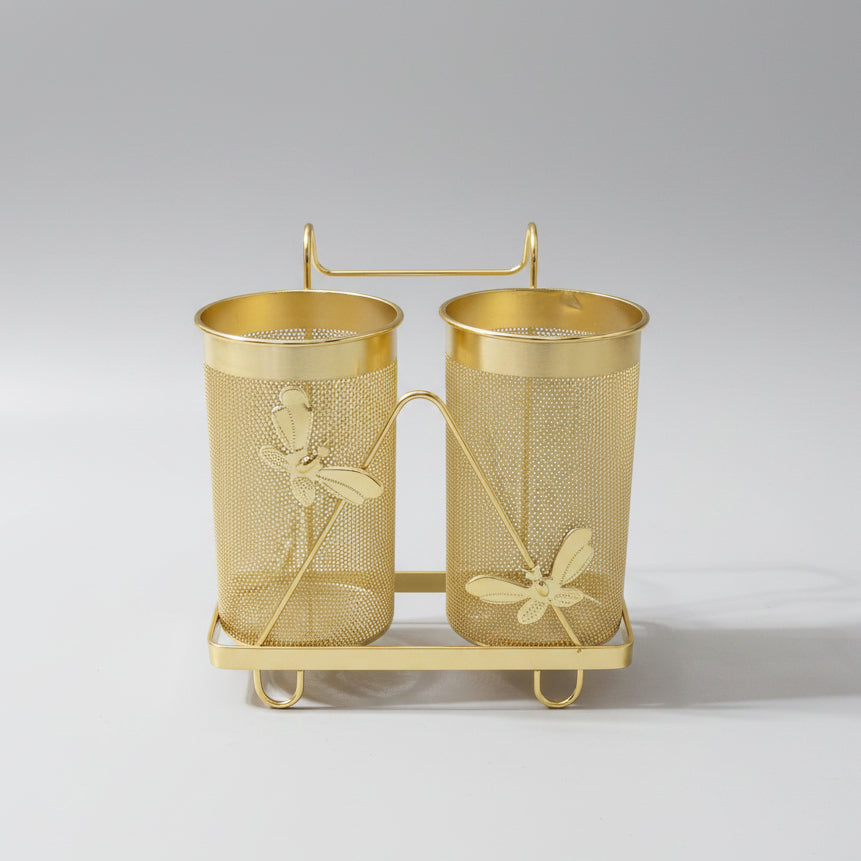 Luxurious Gold Mesh Cutlery Holder Stand – 2-Compartment Spoon & Fork Organizer