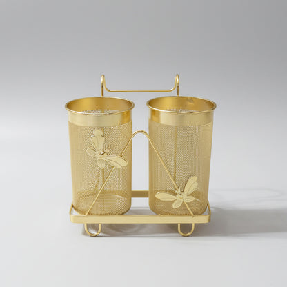 Luxurious Gold Mesh Cutlery Holder Stand – 2-Compartment Spoon & Fork Organizer