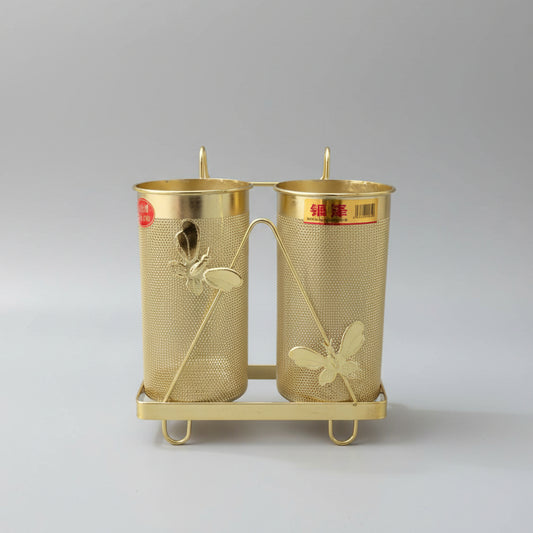Luxurious Gold Mesh Cutlery Holder Stand – 2-Compartment Spoon & Fork Organizer