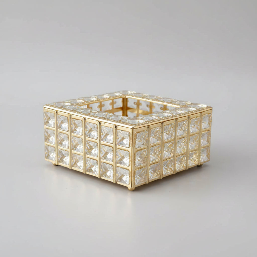 Luxurious Crystal Beaded Gold Metal Tissue Box Cover & Rectangular Organizer