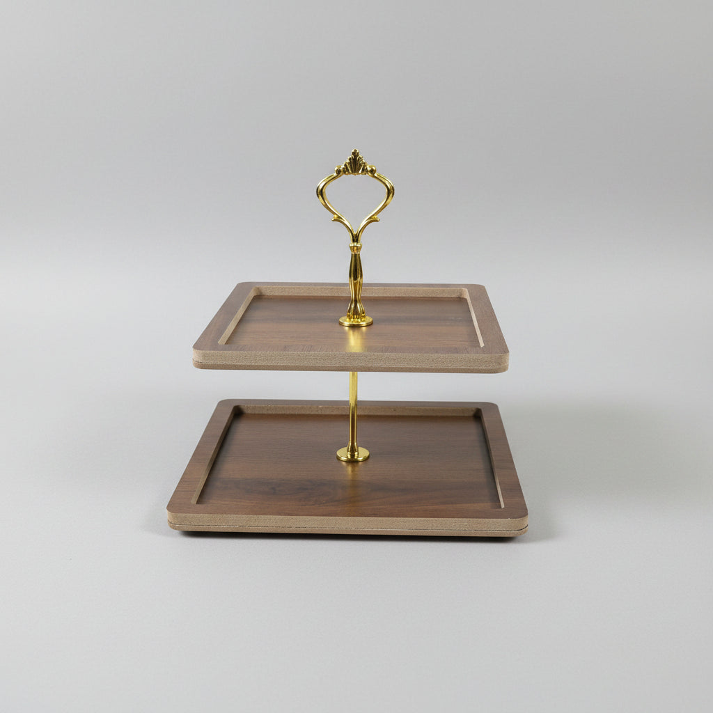 2-Tier Wooden Serving Tray with Gold Crown Handle