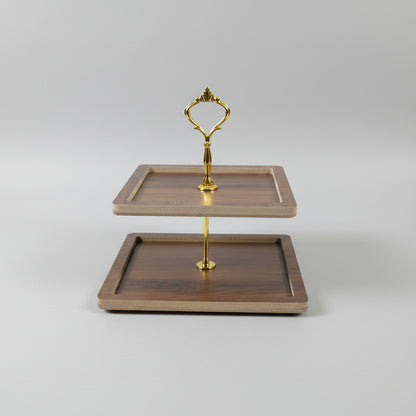 2-Tier Wooden Serving Tray with Gold Crown Handle