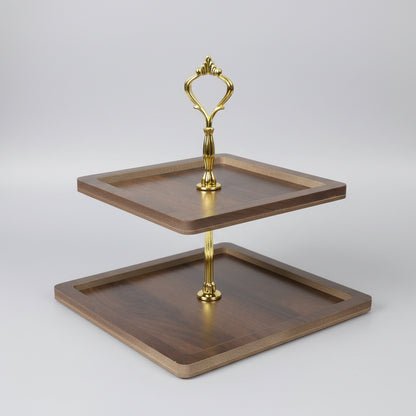 2-Tier Wooden Serving Tray with Gold Crown Handle