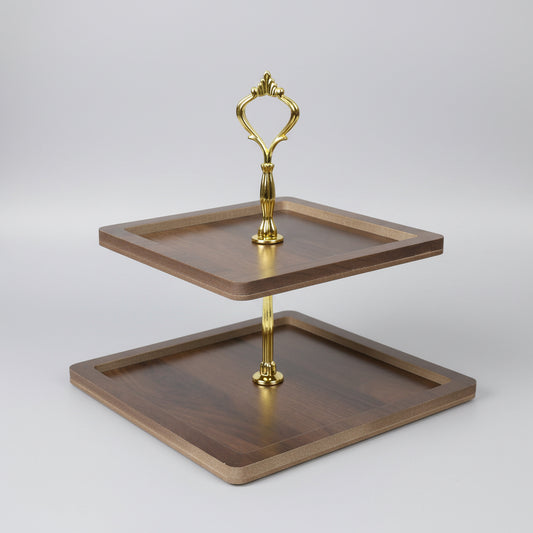 2-Tier Wooden Serving Tray with Gold Crown Handle
