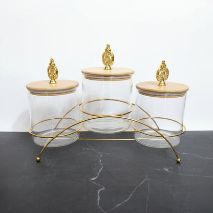 Luxury 3-Piece Glass Storage Jar Set with Gold Rack & Wooden Lids