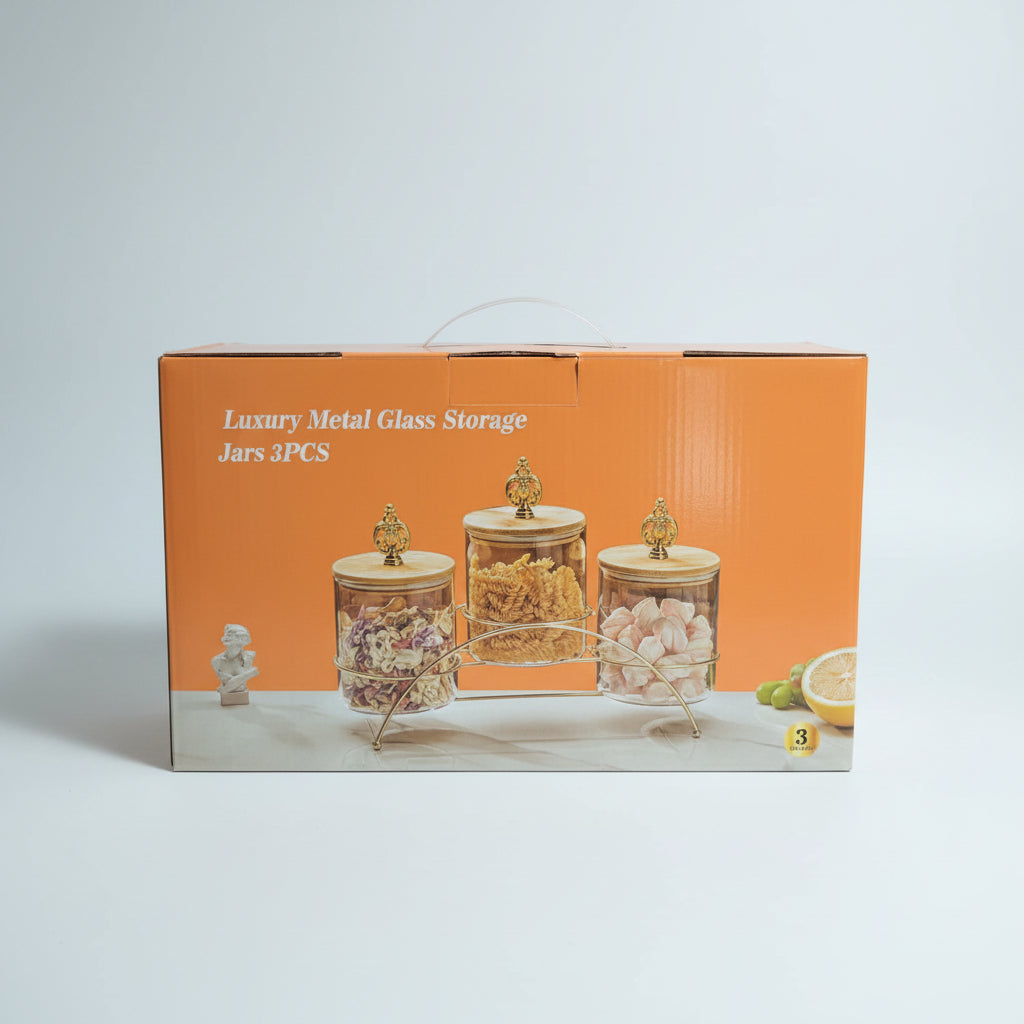 Luxury 3-Piece Glass Storage Jar Set with Gold Rack & Wooden Lids