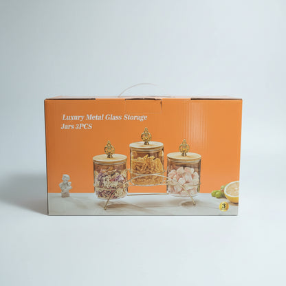 Luxury 3-Piece Glass Storage Jar Set with Gold Rack & Wooden Lids