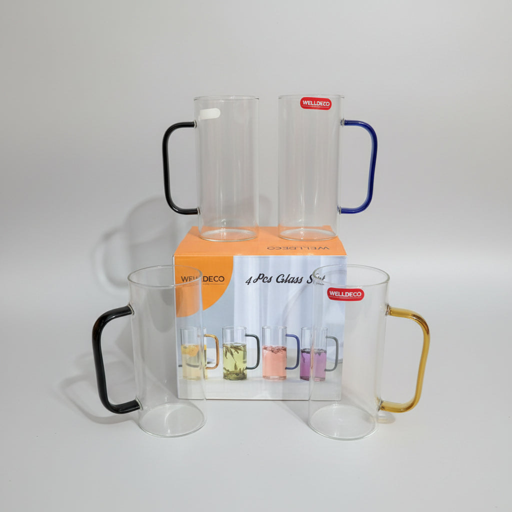 WELLDECO 4-Piece Colored Handle Glass Mug Set